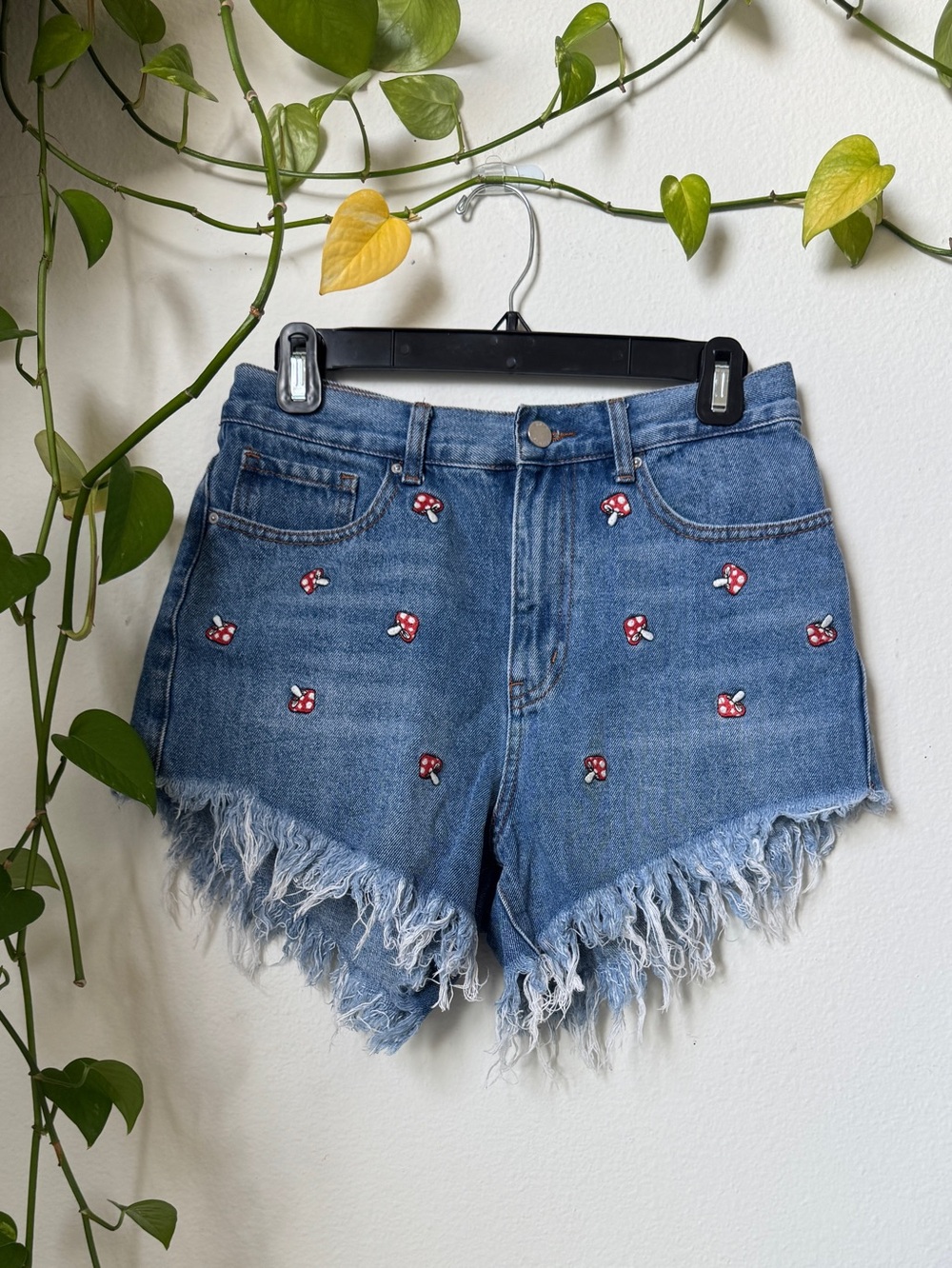 Simple Society Women's Blue Embroidered Mushroom Denim Shorts